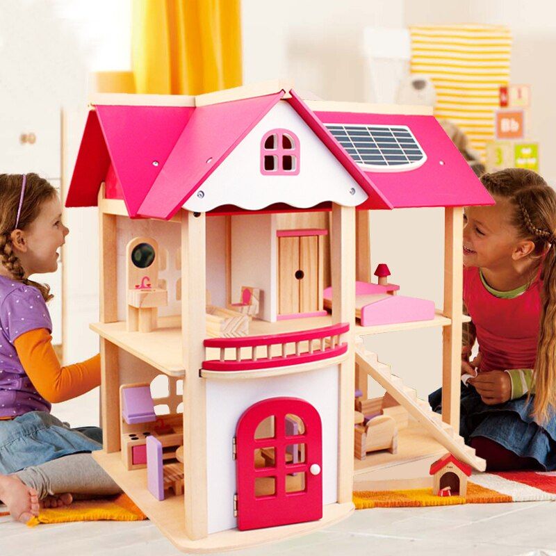 Wooden Dollhouse W/ Furniture - luvinly