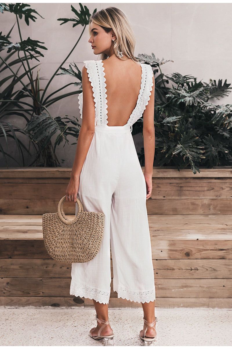 Linen Ruffled Embroidered Jumpsuit - luvinly