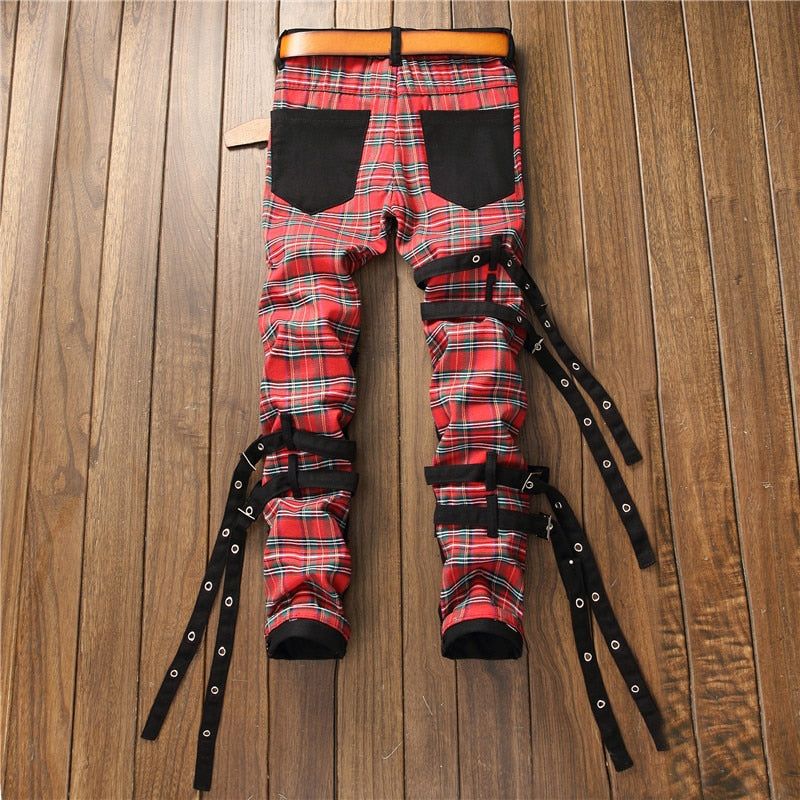 Men's Plaid Patchwork Skinny Jeans - luvinly