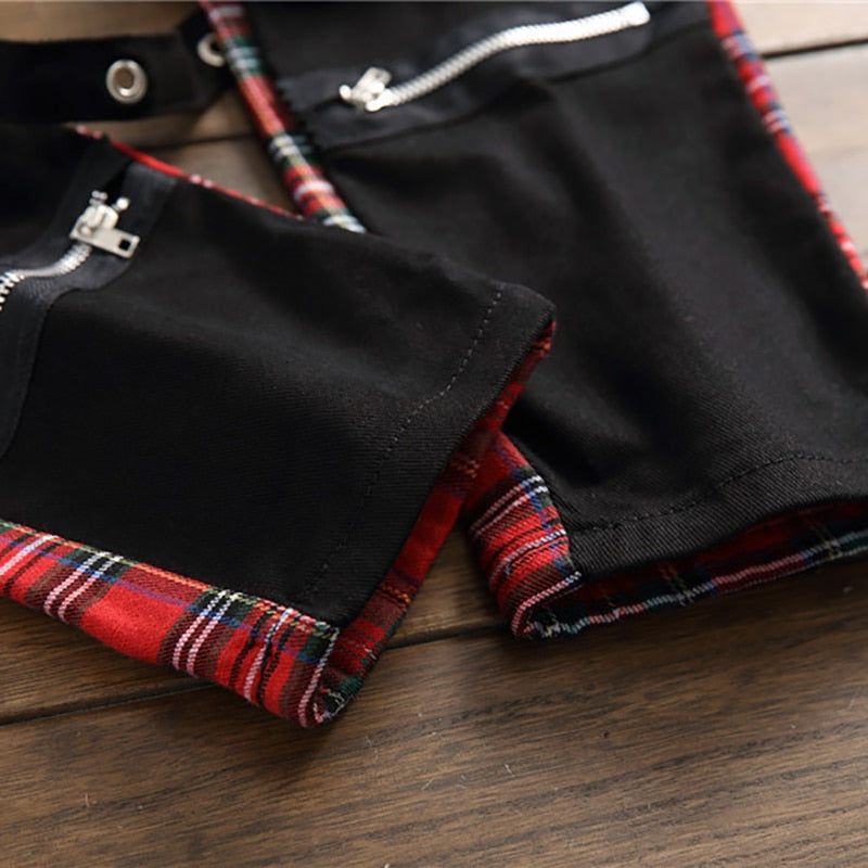 Men's Plaid Patchwork Skinny Jeans - luvinly
