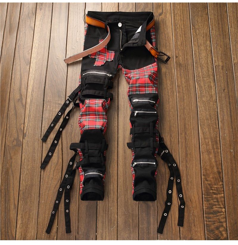 Men's Plaid Patchwork Skinny Jeans - luvinly