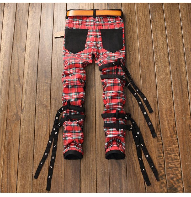 Men's Plaid Patchwork Skinny Jeans - luvinly