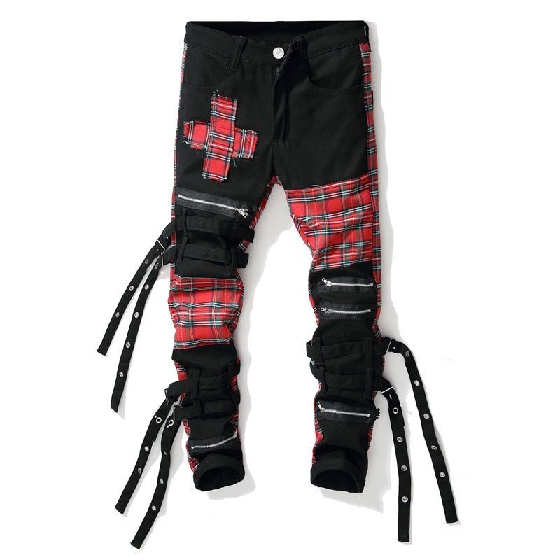 Men's Plaid Patchwork Skinny Jeans - luvinly