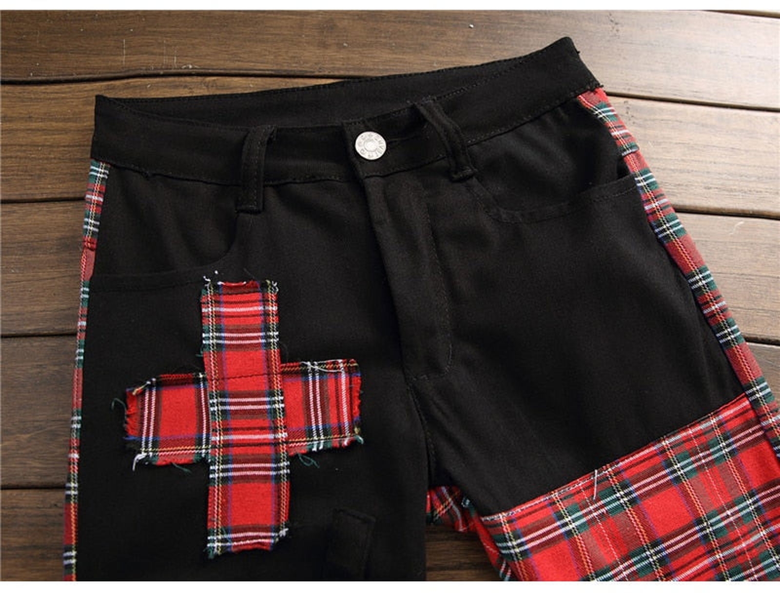 Men's Plaid Patchwork Skinny Jeans - luvinly