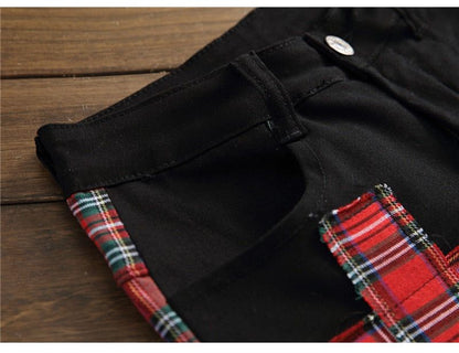 Men's Plaid Patchwork Skinny Jeans - luvinly