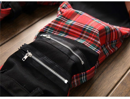 Men's Plaid Patchwork Skinny Jeans - luvinly