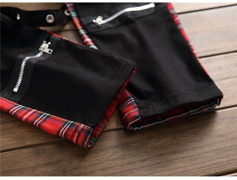 Men's Plaid Patchwork Skinny Jeans - luvinly