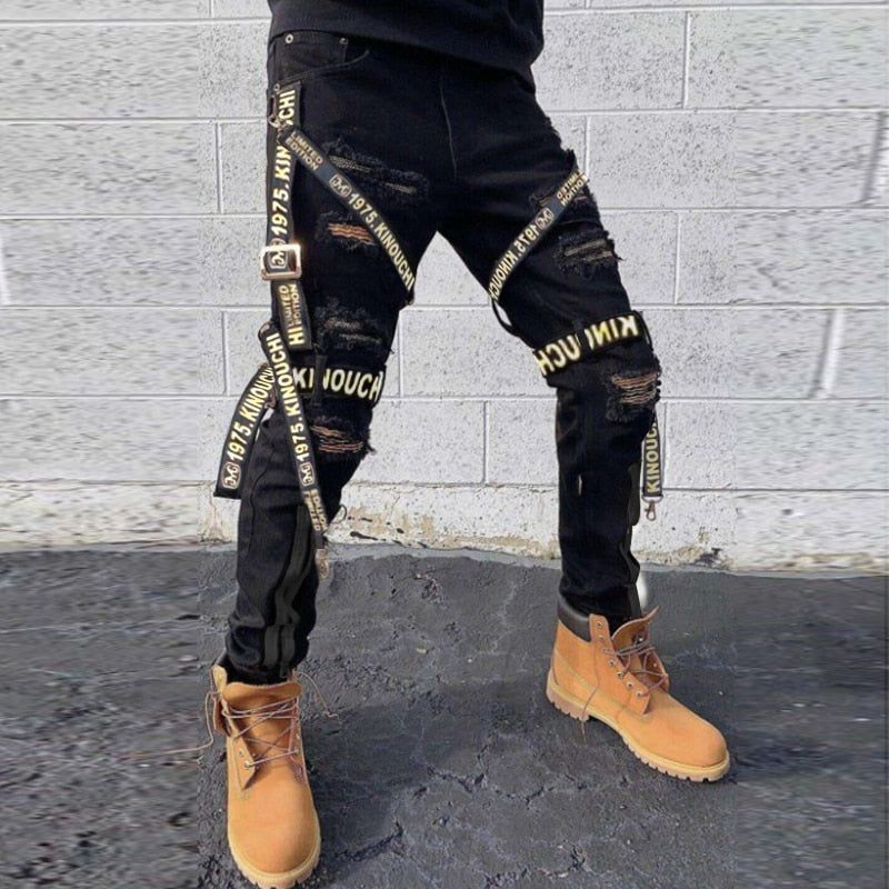Mens Skinny Strapped Cargo Jeans- Black & Cream - luvinly