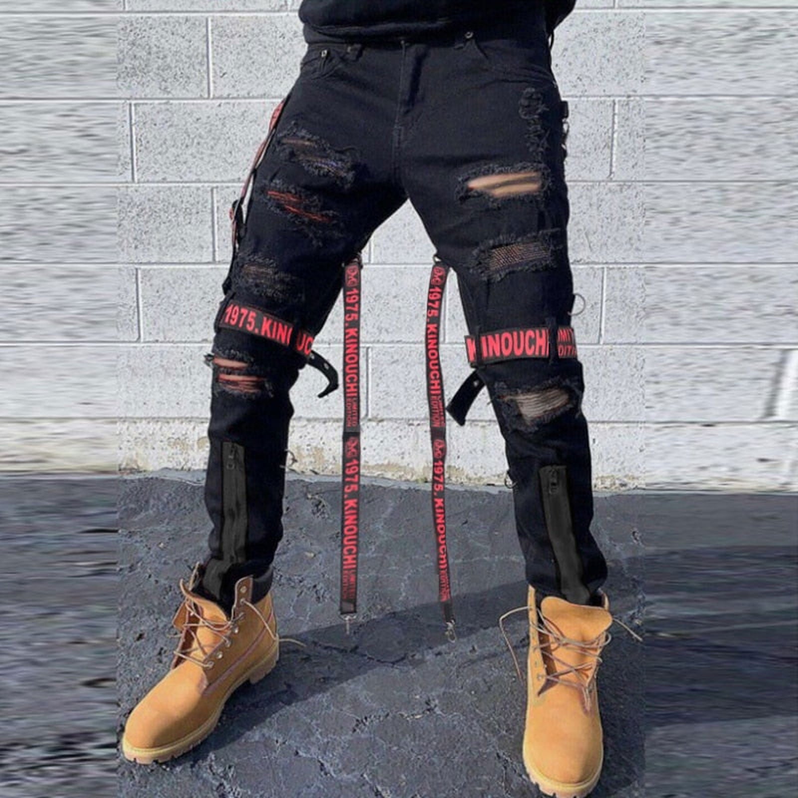 Mens Skinny Strapped Cargo Jeans- Black & Cream - luvinly