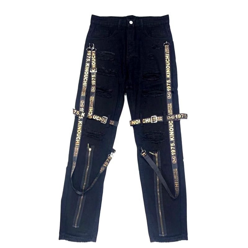 Mens Skinny Strapped Cargo Jeans- Black & Cream - luvinly