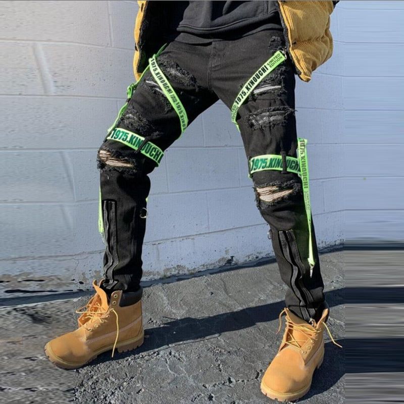 Mens Skinny Strapped Cargo Jeans- Black & Cream - luvinly