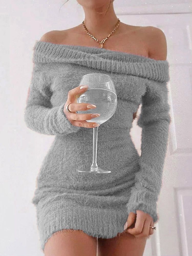 PrimaDress - Off Shoulder Sweater Bodycon Dress - luvinly