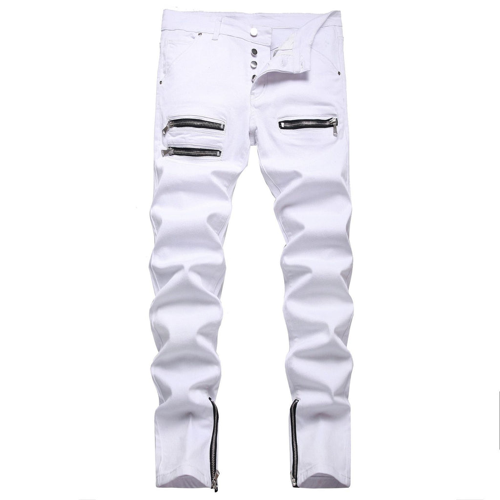 White Tri-Zipper Ripped Skinny Jeans - luvinly