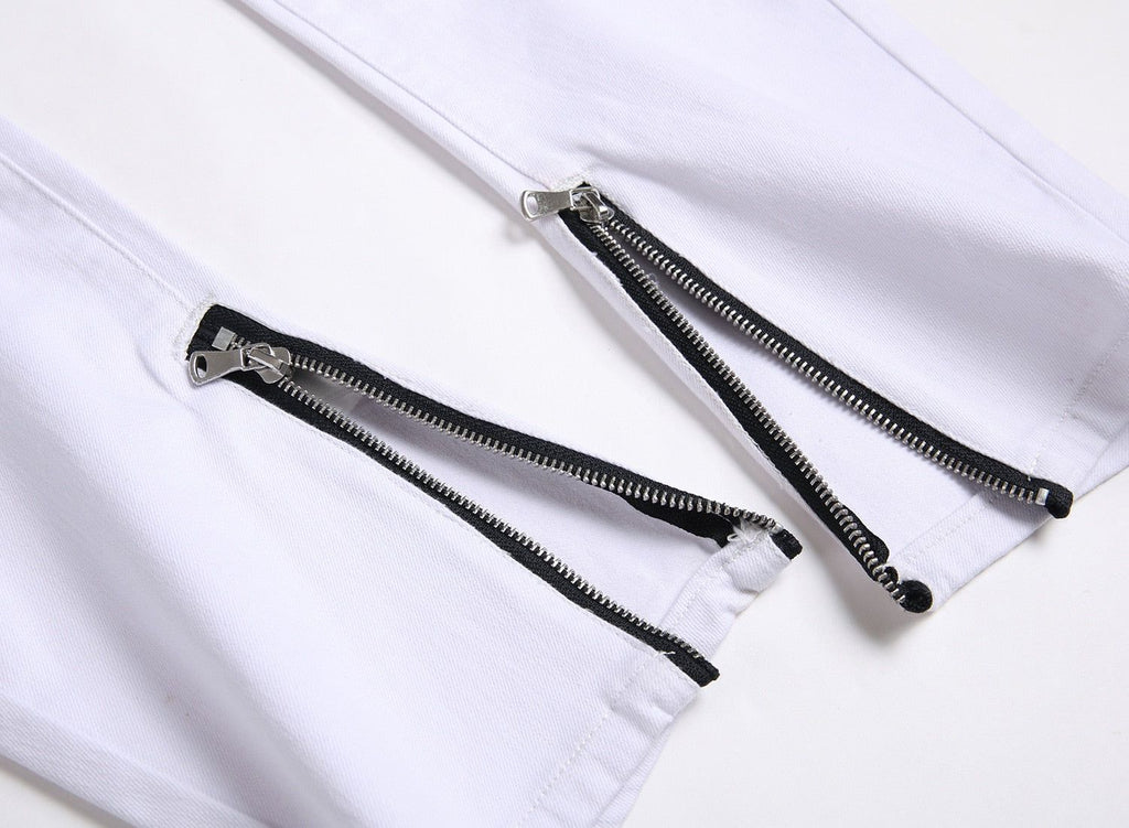White Tri-Zipper Ripped Skinny Jeans - luvinly